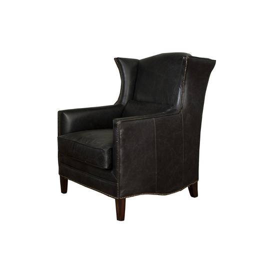 Buckingham Aged Full Grain Leather Wing Armchair - Black